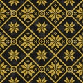 Vector seamless geometric pattern with golden knitted snowflakes on black background.